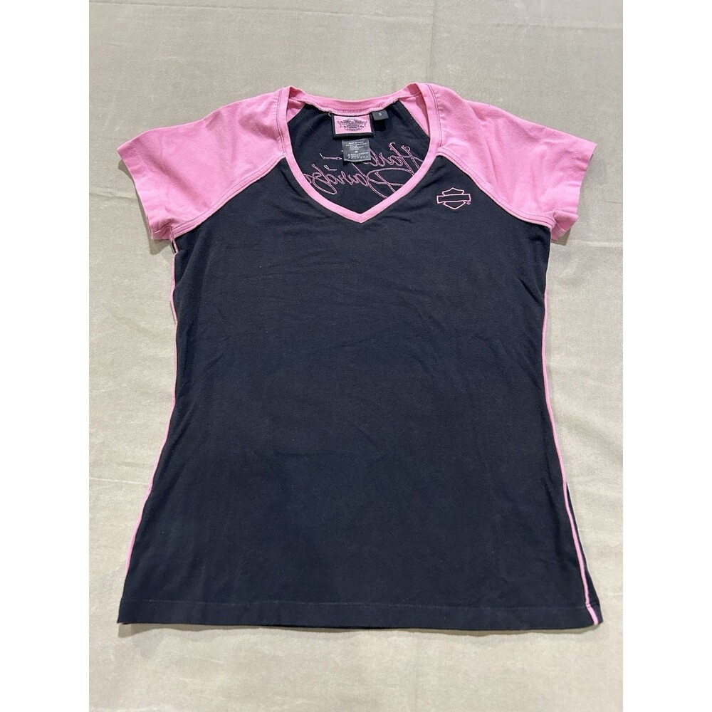 Harley Davidson Women's V-Neck T-Shirt Black Pink Size Small Embroidered B16